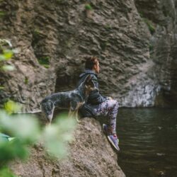 dog sitting with owner near waterfall